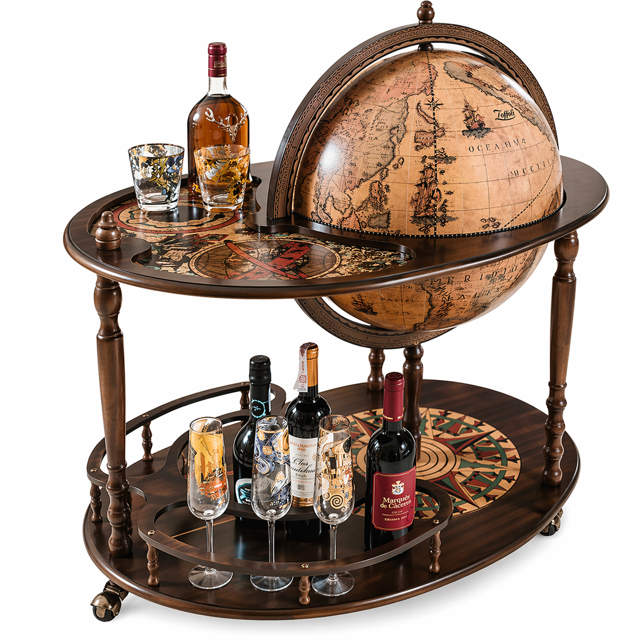 Luxury vintage globe bar cabinet in handcrafted wood with antique world map design, Italian luxury drinks trolley globe for elegant home interiors