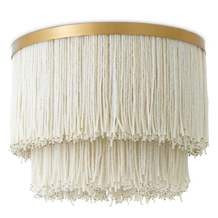 Eichholtz Ceiling Lamp Rosaline in vintage brass with cascading white glass beads, luxury designer ceiling light