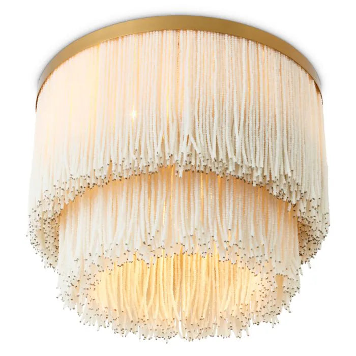 Eichholtz Ceiling Lamp Rosaline in vintage brass with cascading white glass beads, luxury designer ceiling light
