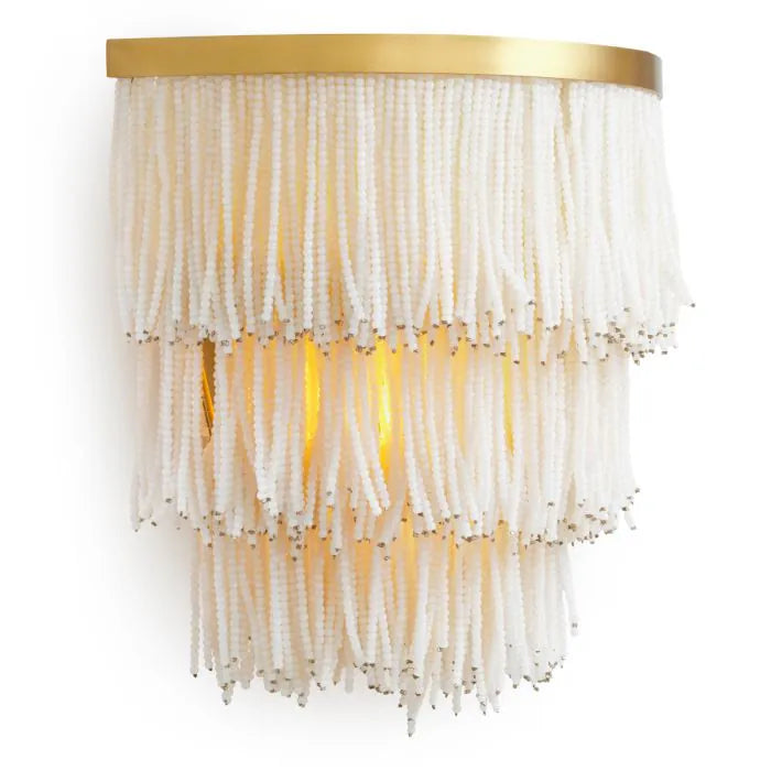 Eichholtz Wall Lamp Rosaline in vintage brass with three tiers of cascading white glass beads, luxury designer wall light