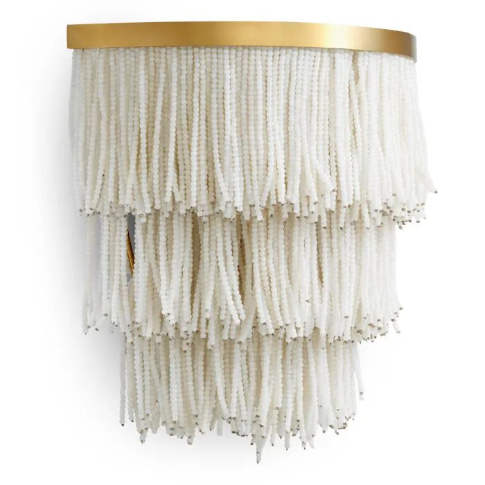 Eichholtz Wall Lamp Rosaline in vintage brass with three tiers of cascading white glass beads, luxury designer wall light