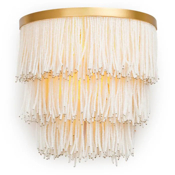 Eichholtz Wall Lamp Rosaline in vintage brass with three tiers of cascading white glass beads, luxury designer wall light