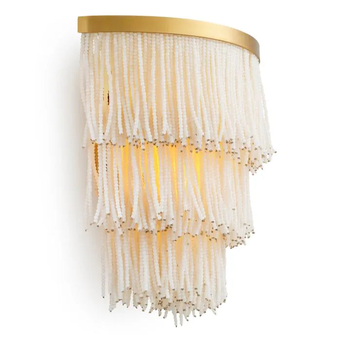 Eichholtz Wall Lamp Rosaline in vintage brass with three tiers of cascading white glass beads, luxury designer wall light
