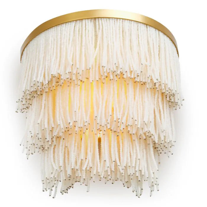 Eichholtz Wall Lamp Rosaline in vintage brass with three tiers of cascading white glass beads, luxury designer wall light