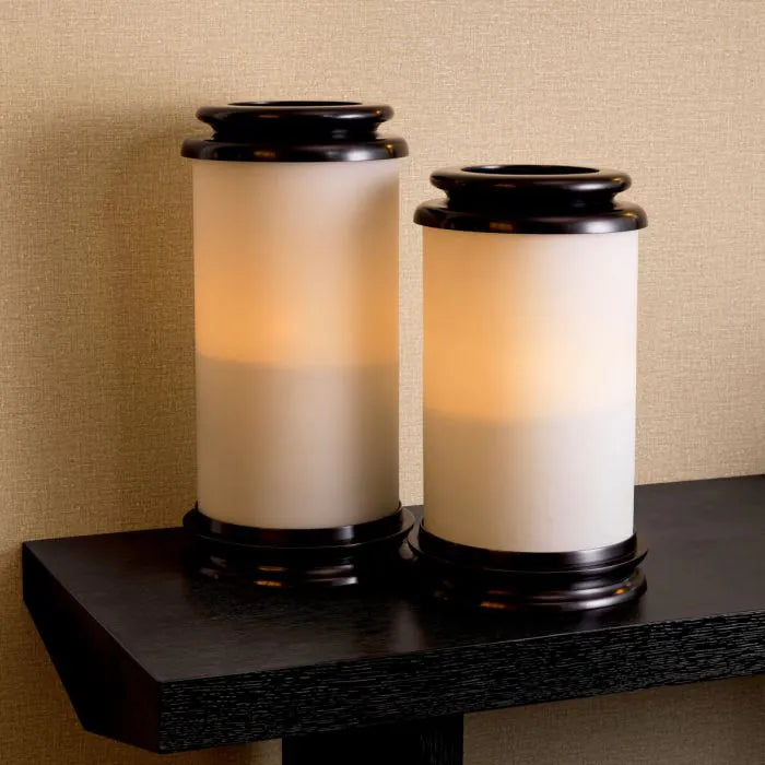 Eichholtz Hurricane Carrington S in bronze finish with cylindrical white glass shade, elegant decorative hurricane candle holder