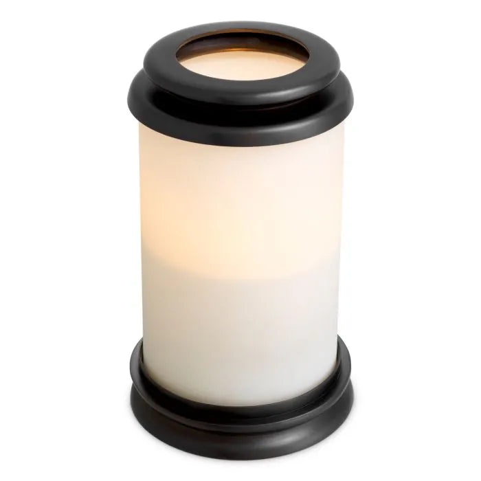Eichholtz Hurricane Carrington S in bronze finish with cylindrical white glass shade, elegant decorative hurricane candle holder