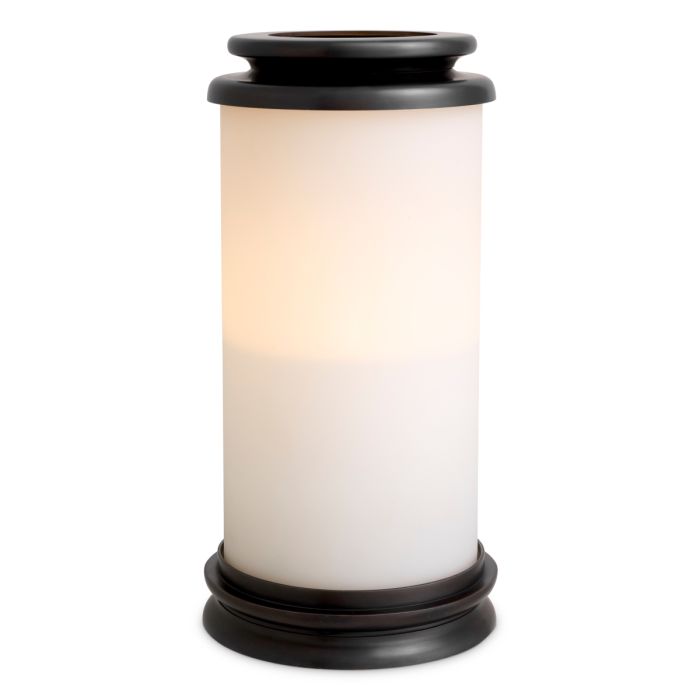 Eichholtz Hurricane Carrington S in bronze finish with cylindrical white glass shade, elegant decorative hurricane candle holder