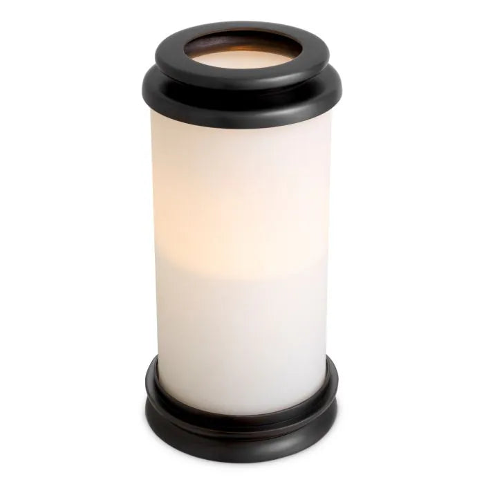 Eichholtz Hurricane Carrington S in bronze finish with cylindrical white glass shade, elegant decorative hurricane candle holder