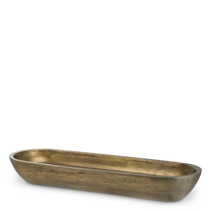 Eichholtz Bowl Hulton hand-cast in aluminium with rich antique brass finish, featuring an elongated oval shape with softly curved edges