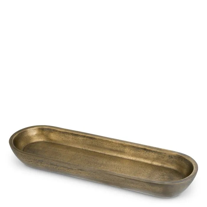 Eichholtz Bowl Hulton hand-cast in aluminium with rich antique brass finish, featuring an elongated oval shape with softly curved edges