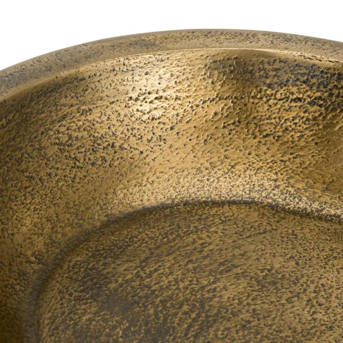Eichholtz Bowl Hulton hand-cast in aluminium with rich antique brass finish, featuring an elongated oval shape with softly curved edges