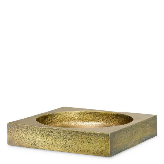 Eichholtz Bowl Boyd hand-cast in aluminium with antique brass finish, featuring a square base and sculpted circular bowl