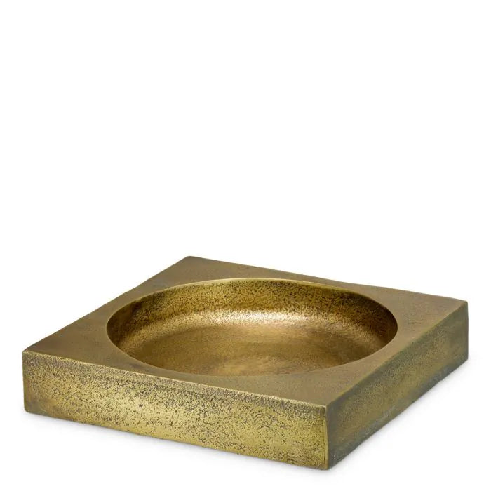 Eichholtz Bowl Boyd hand-cast in aluminium with antique brass finish, featuring a square base and sculpted circular bowl