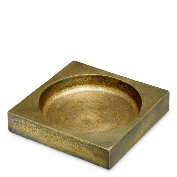 Eichholtz Bowl Boyd hand-cast in aluminium with antique brass finish, featuring a square base and sculpted circular bowl