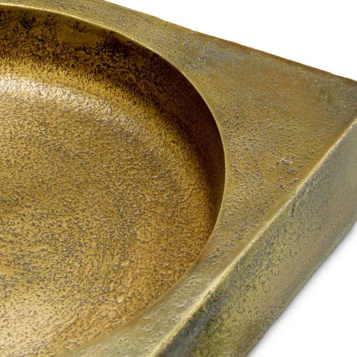 Eichholtz Bowl Boyd hand-cast in aluminium with antique brass finish, featuring a square base and sculpted circular bowl