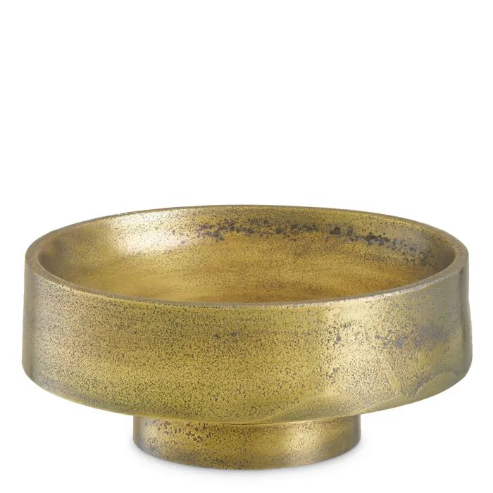 Eichholtz Bowl Santiago hand-cast in aluminium with antique brass finish, featuring a wide shallow bowl and tiered pedestal base