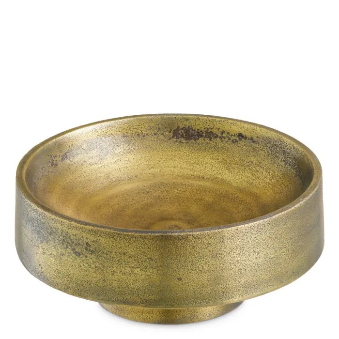 Eichholtz Bowl Santiago hand-cast in aluminium with antique brass finish, featuring a wide shallow bowl and tiered pedestal base