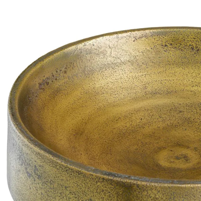 Eichholtz Bowl Santiago hand-cast in aluminium with antique brass finish, featuring a wide shallow bowl and tiered pedestal base