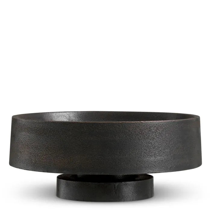Eichholtz Bowl Santiago hand-cast in aluminium with bronze finish, featuring a wide shallow bowl and tiered pedestal base