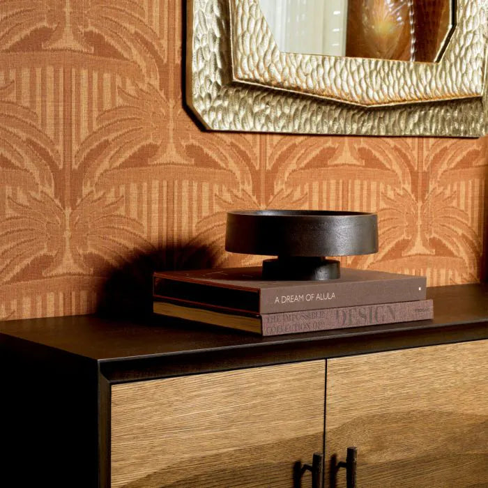 Eichholtz Bowl Santiago hand-cast in aluminium with bronze finish, featuring a wide shallow bowl and tiered pedestal base