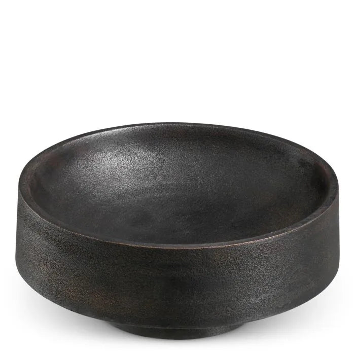 Eichholtz Bowl Santiago hand-cast in aluminium with bronze finish, featuring a wide shallow bowl and tiered pedestal base