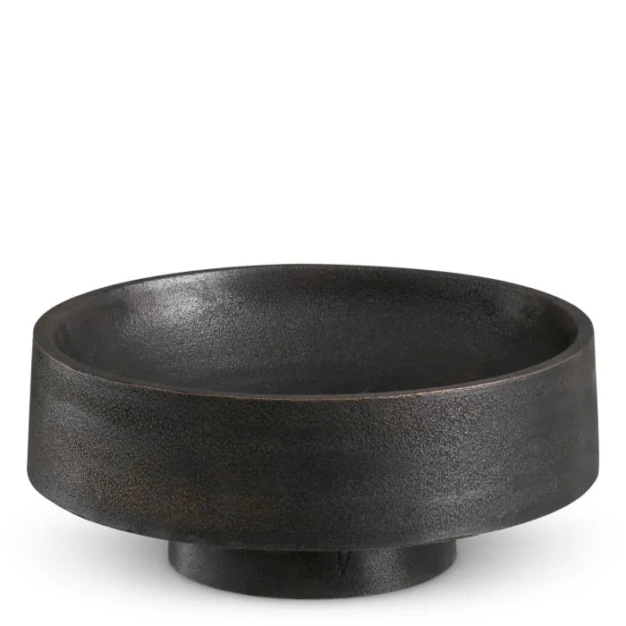 Eichholtz Bowl Santiago hand-cast in aluminium with bronze finish, featuring a wide shallow bowl and tiered pedestal base