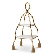 Eichholtz Cake Stand Vanelle with two white marble shelves, twisted vintage brass frame and decorative tassel-inspired feet