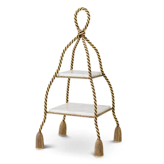 Eichholtz Cake Stand Vanelle with two white marble shelves, twisted vintage brass frame and decorative tassel-inspired feet
