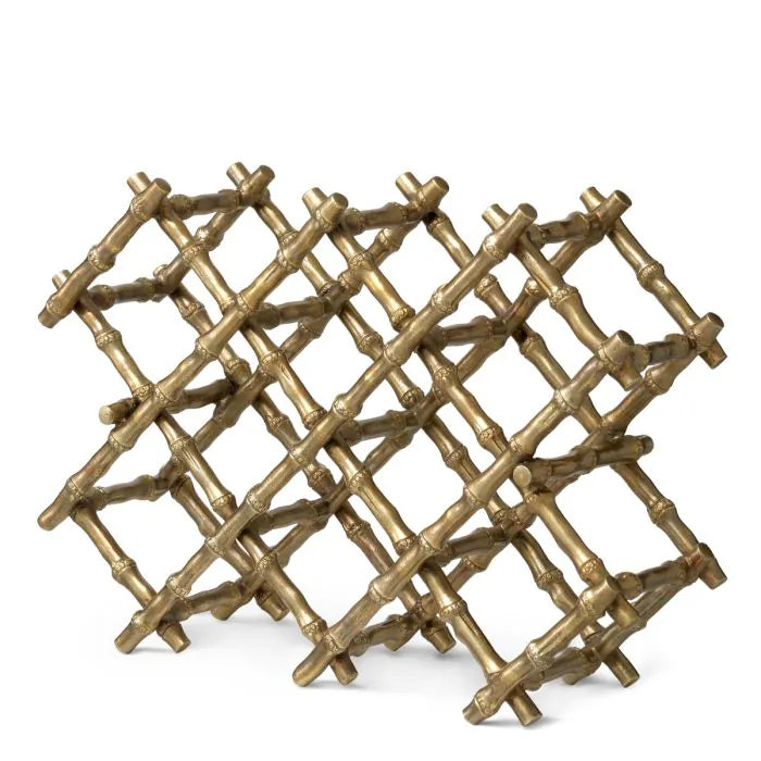 Eichholtz Wine Rack Sassari in vintage brass with bamboo-inspired lattice design, decorative four-bottle wine holder