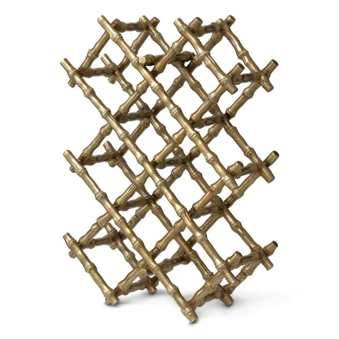 Eichholtz Wine Rack Sassari in vintage brass with bamboo-inspired lattice design, decorative four-bottle wine holder