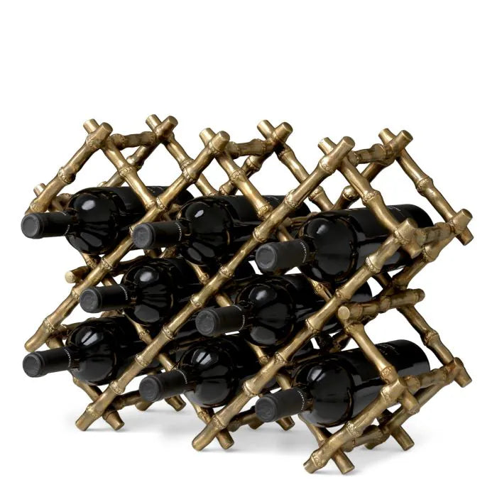 Eichholtz Wine Rack Sassari in vintage brass with bamboo-inspired lattice design, decorative four-bottle wine holder