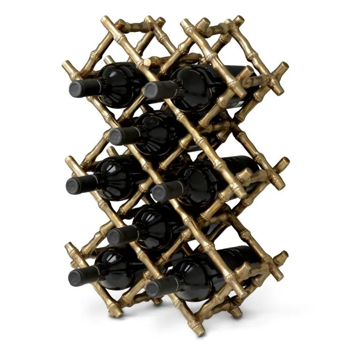 Eichholtz Wine Rack Sassari in vintage brass with bamboo-inspired lattice design, decorative four-bottle wine holder