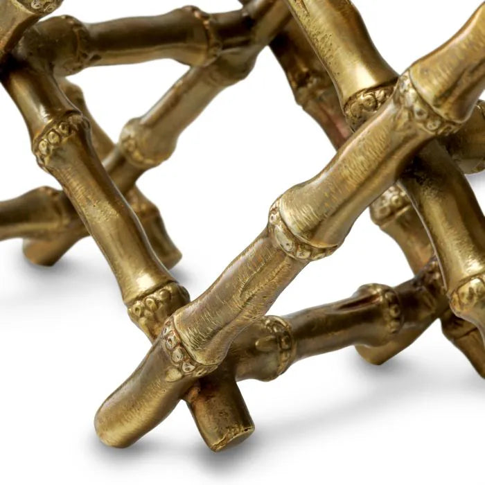 Eichholtz Wine Rack Sassari in vintage brass with bamboo-inspired lattice design, decorative four-bottle wine holder