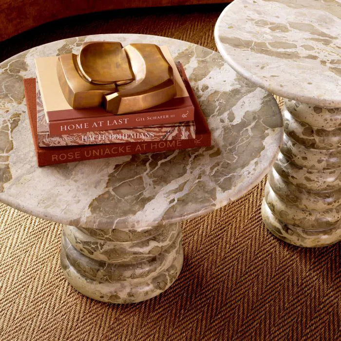 Eichholtz Coffee Table Lerici in natural chocolate marble with a round top and sculptural stacked-disc pedestal base for luxury contemporary interiors.