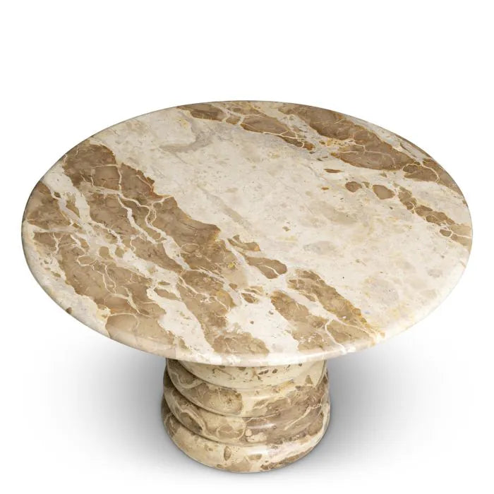 Eichholtz Coffee Table Lerici in natural chocolate marble with a round top and sculptural stacked-disc pedestal base for luxury contemporary interiors.