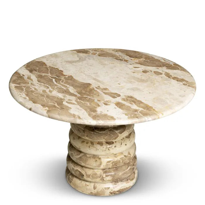 Eichholtz Coffee Table Lerici in natural chocolate marble with a round top and sculptural stacked-disc pedestal base for luxury contemporary interiors.