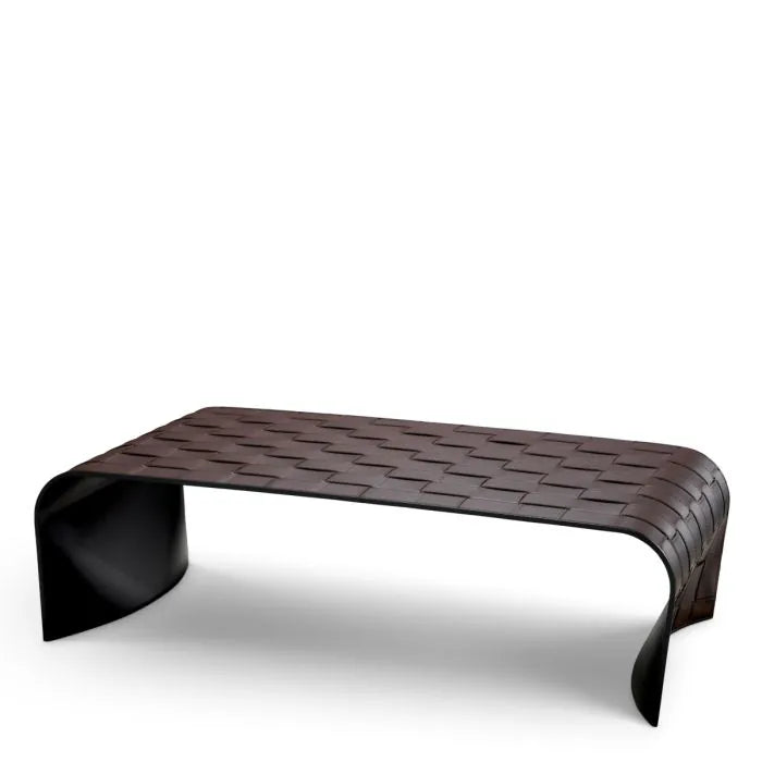 Eichholtz Coffee Table Marcello in dark brown faux leather with curved silhouette and basket-weave pattern