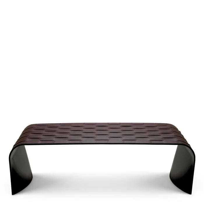 Eichholtz Coffee Table Marcello in dark brown faux leather with curved silhouette and basket-weave pattern