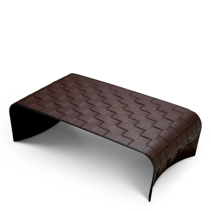 Eichholtz Coffee Table Marcello in dark brown faux leather with curved silhouette and basket-weave pattern