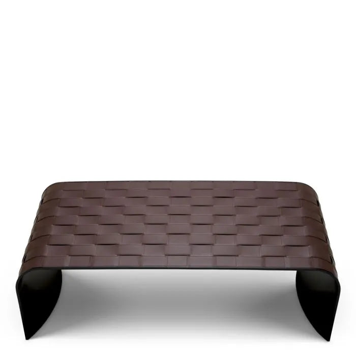 Eichholtz Coffee Table Marcello in dark brown faux leather with curved silhouette and basket-weave pattern