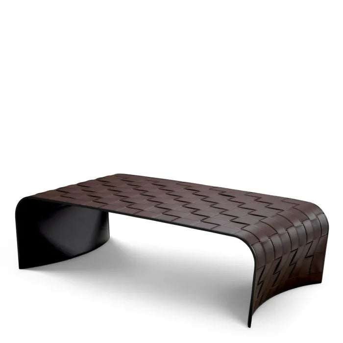 Eichholtz Coffee Table Marcello in dark brown faux leather with curved silhouette and basket-weave pattern