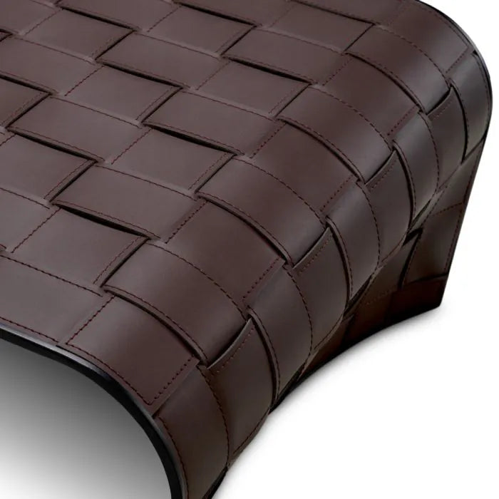 Eichholtz Coffee Table Marcello in dark brown faux leather with curved silhouette and basket-weave pattern