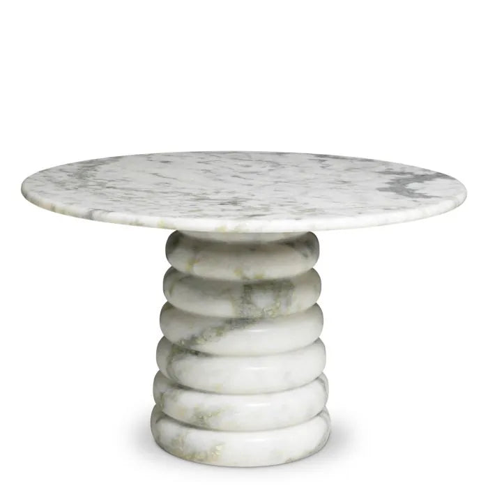 Eichholtz Coffee Table Lerici in natural white marble with a round top and sculptural stacked-disc pedestal base for luxury contemporary interiors.