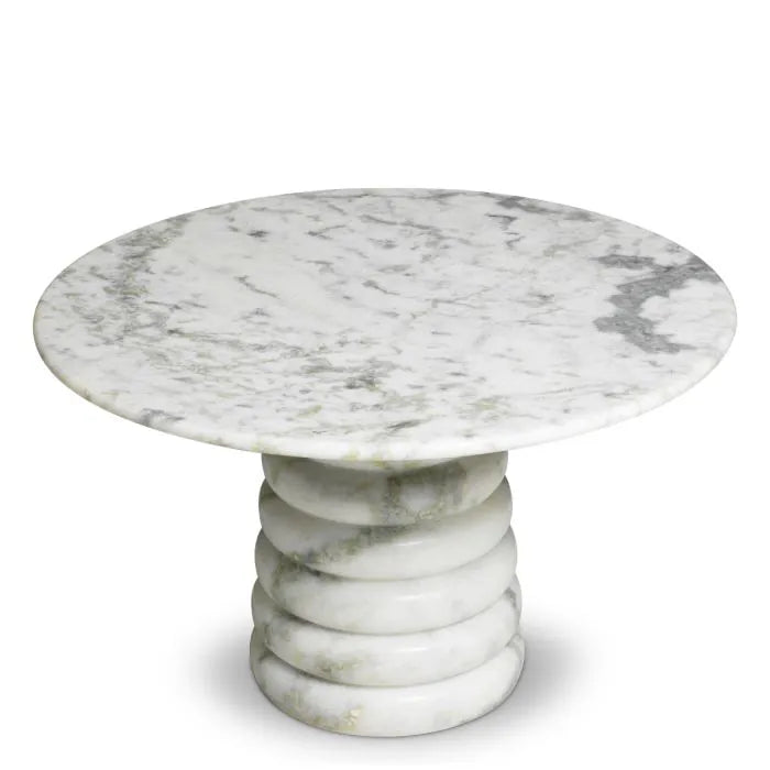 Eichholtz Coffee Table Lerici in natural white marble with a round top and sculptural stacked-disc pedestal base for luxury contemporary interiors.