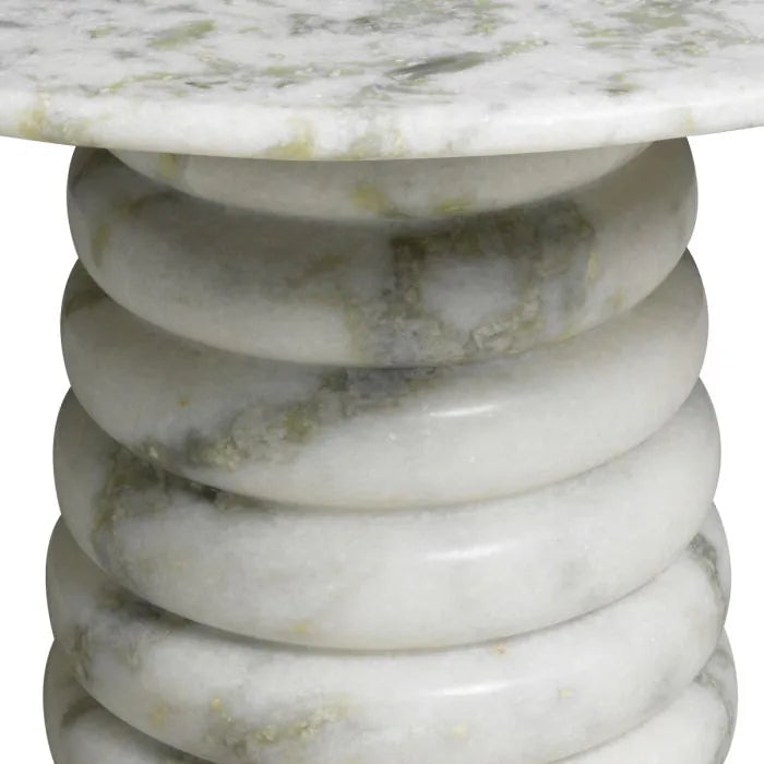 Eichholtz Coffee Table Lerici in natural white marble with a round top and sculptural stacked-disc pedestal base for luxury contemporary interiors.