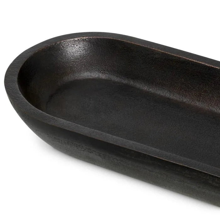 Eichholtz Bowl Hulton hand-cast in aluminium with rich bronze finish, featuring an elongated oval shape with softly curved edges