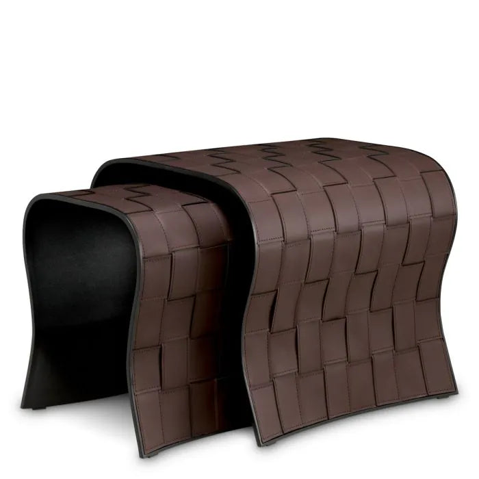 Eichholtz Marcello set of 2 curved side tables in dark brown faux leather with basket-weave pattern