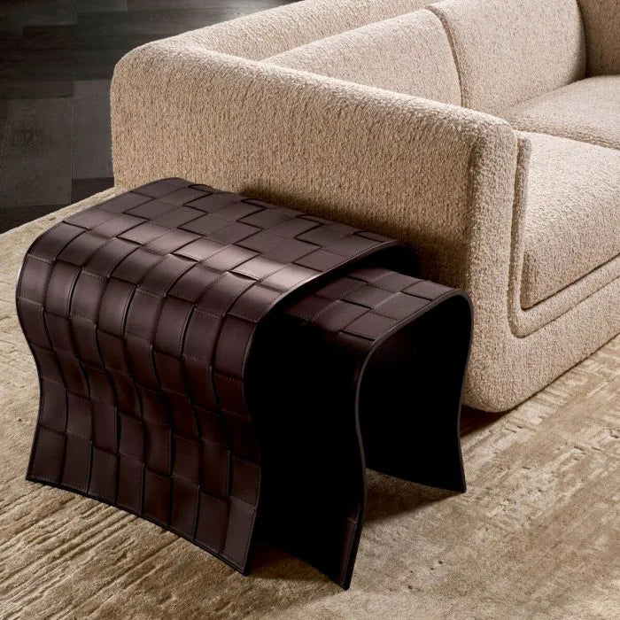 Eichholtz Marcello set of 2 curved side tables in dark brown faux leather with basket-weave pattern