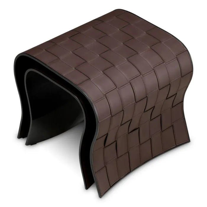 Eichholtz Marcello set of 2 curved side tables in dark brown faux leather with basket-weave pattern