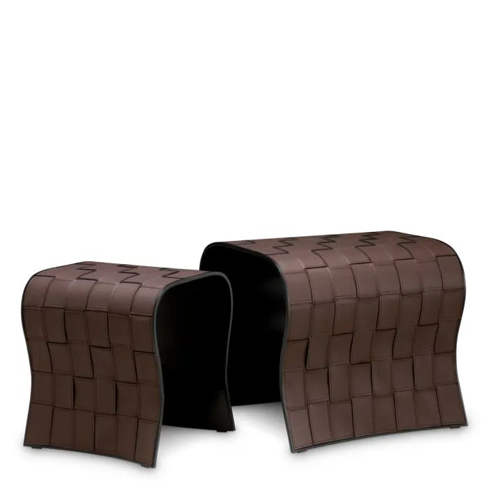 Eichholtz Marcello set of 2 curved side tables in dark brown faux leather with basket-weave pattern